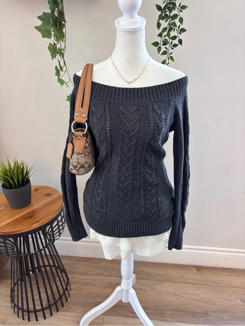 Guess Y2K Off-Shoulder Cable Knit Sweater - Charcoal